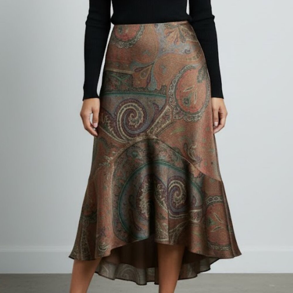 RALPH LAUREN SILK PAISLEY SLIP SKIRT TULIP BROWN 4P BOHEMIAN BOHO FLARE
